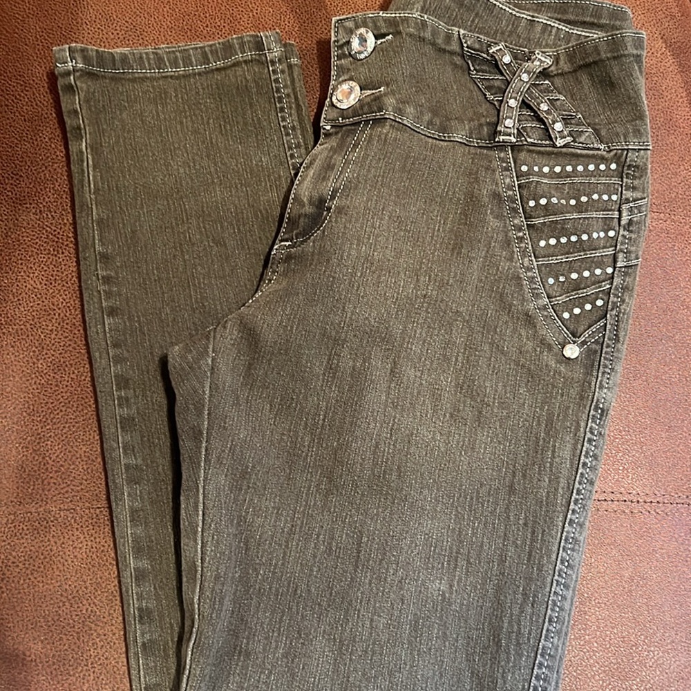 Silver Diva Rhinestone Embroidered Taupe Jeans